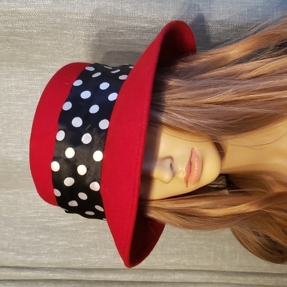 ?red wool hat with scarf & broche.